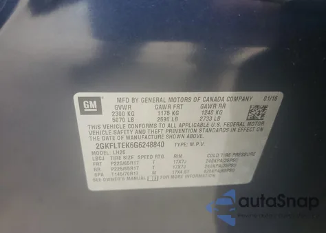 2016 GMC Terrain Sle из США, поврежденный, VIN 2GKFLTEK6G6248840